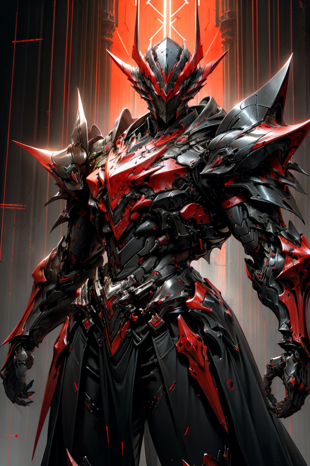 person in armor with a red light, black and red armor, futuristic armor, black armor, dark armor, black and red reflected armor, corrupted armor, holy armor, red armor, demon armor, dark futuristic, intricate assasin mecha armor, angular metal armor, minimal design armor style, wearing futuristic armor, mecha suit