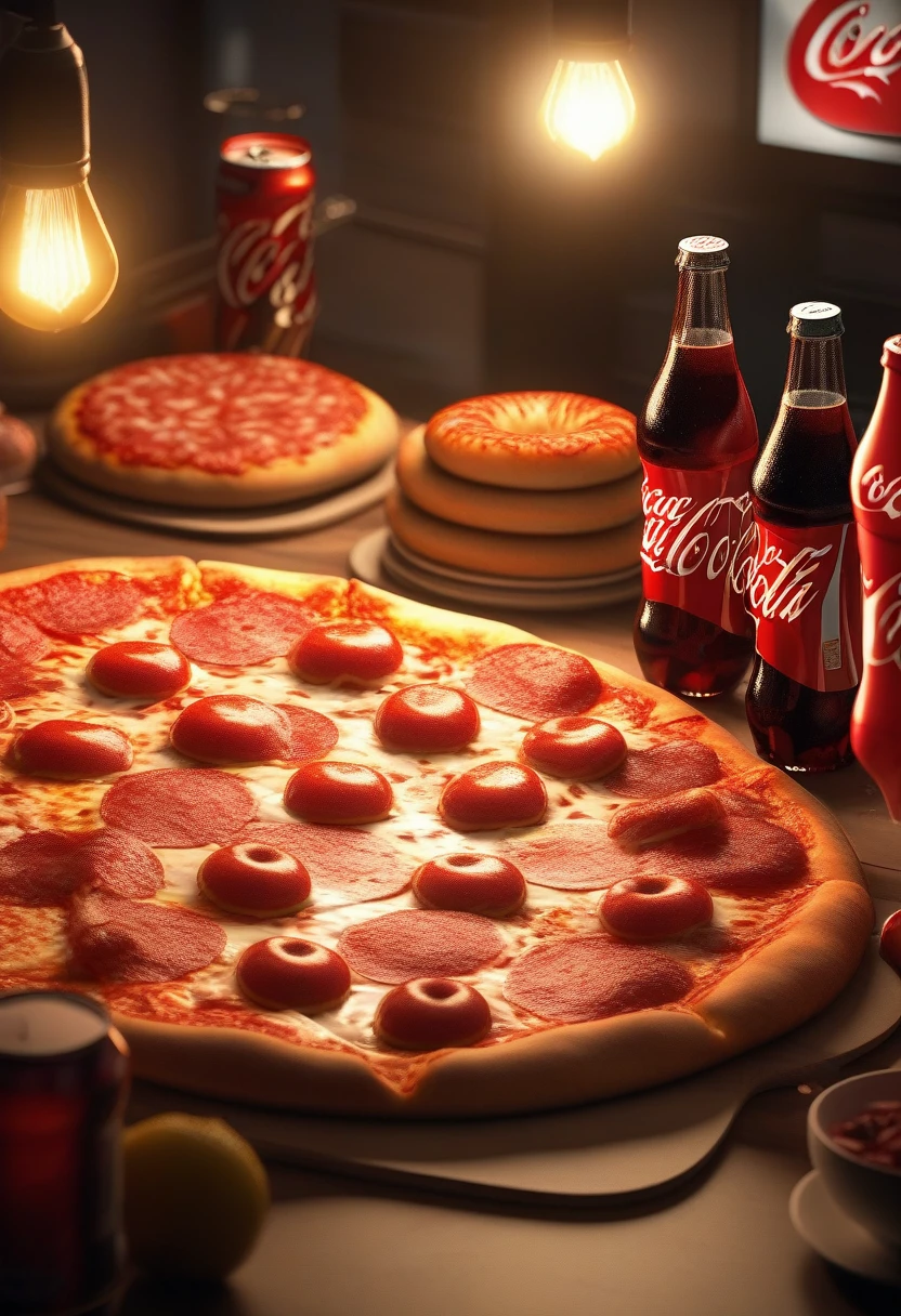 score_9, score_8_up, score_7_up, score_6_up, score_5_up, score_4_up, 2.5D, big pizza, donuts, coca cola, ultra realistic food, delicious looking lighting effects