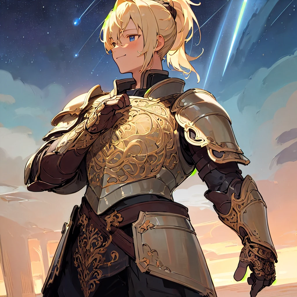 ((masterpiece,Highest quality,Highest quality,figure,Intricate details)),One boy,smile, armor,Blonde,ponytail,
night,Starry Sky, Depth of written boundary, Outdoor,
