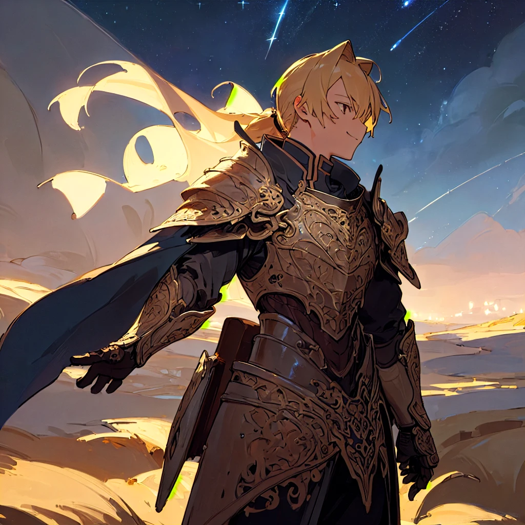 ((masterpiece,Highest quality,Highest quality,figure,Intricate details)),One boy,smile, armor,Blonde,ponytail,
night,Starry Sky, Depth of written boundary, Outdoor,