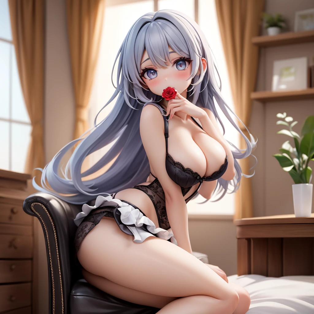 A woman with beautiful gray hair, sharp eyes, fierce, Korean style, wearing underwear, holding a rose in her mouth. Sitting in a charming pose on a chair in the house, by the window.