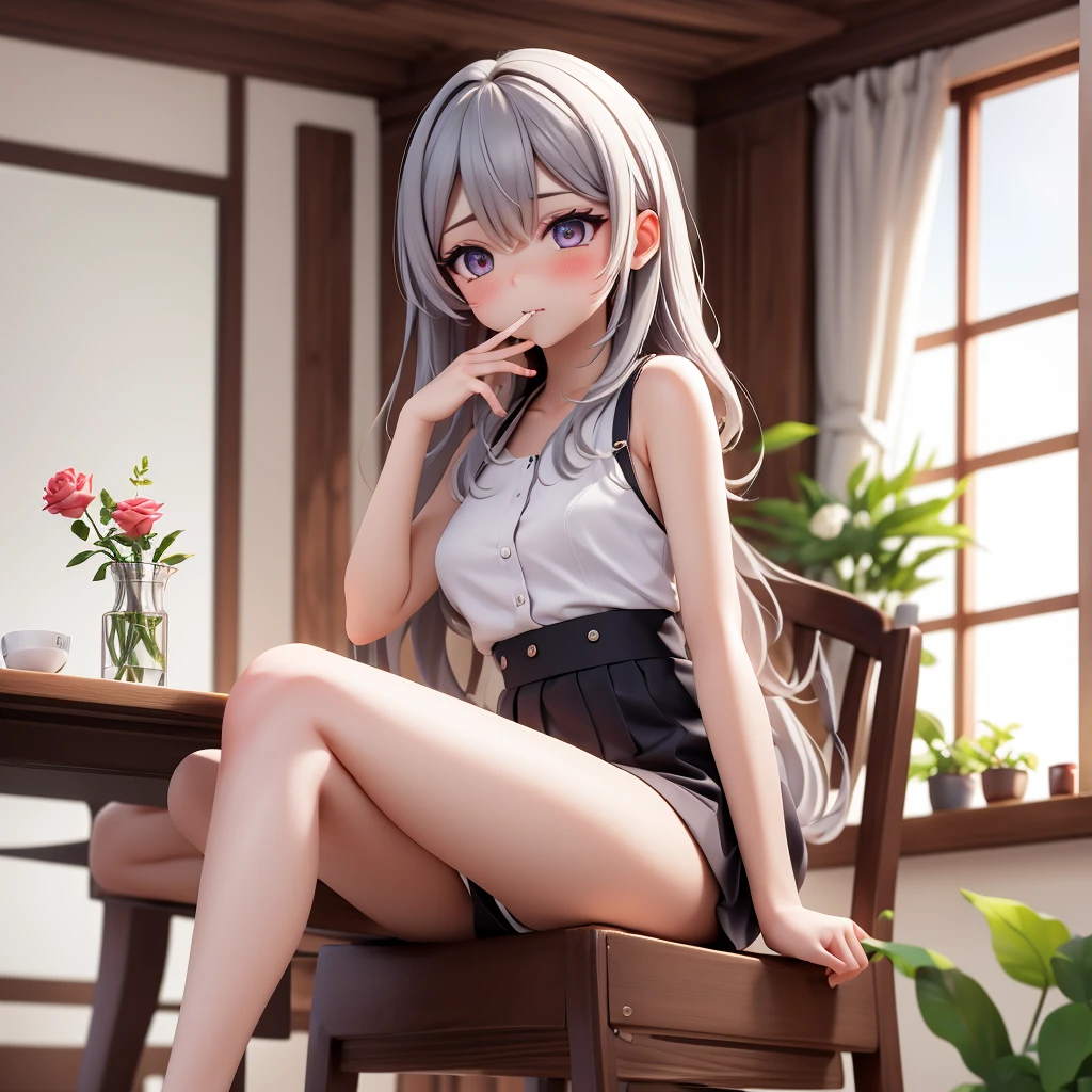 A woman with beautiful gray hair, sharp eyes, fierce, Korean style, wearing underwear, holding a rose in her mouth. Sitting in a charming pose on a chair in the house, by the window.