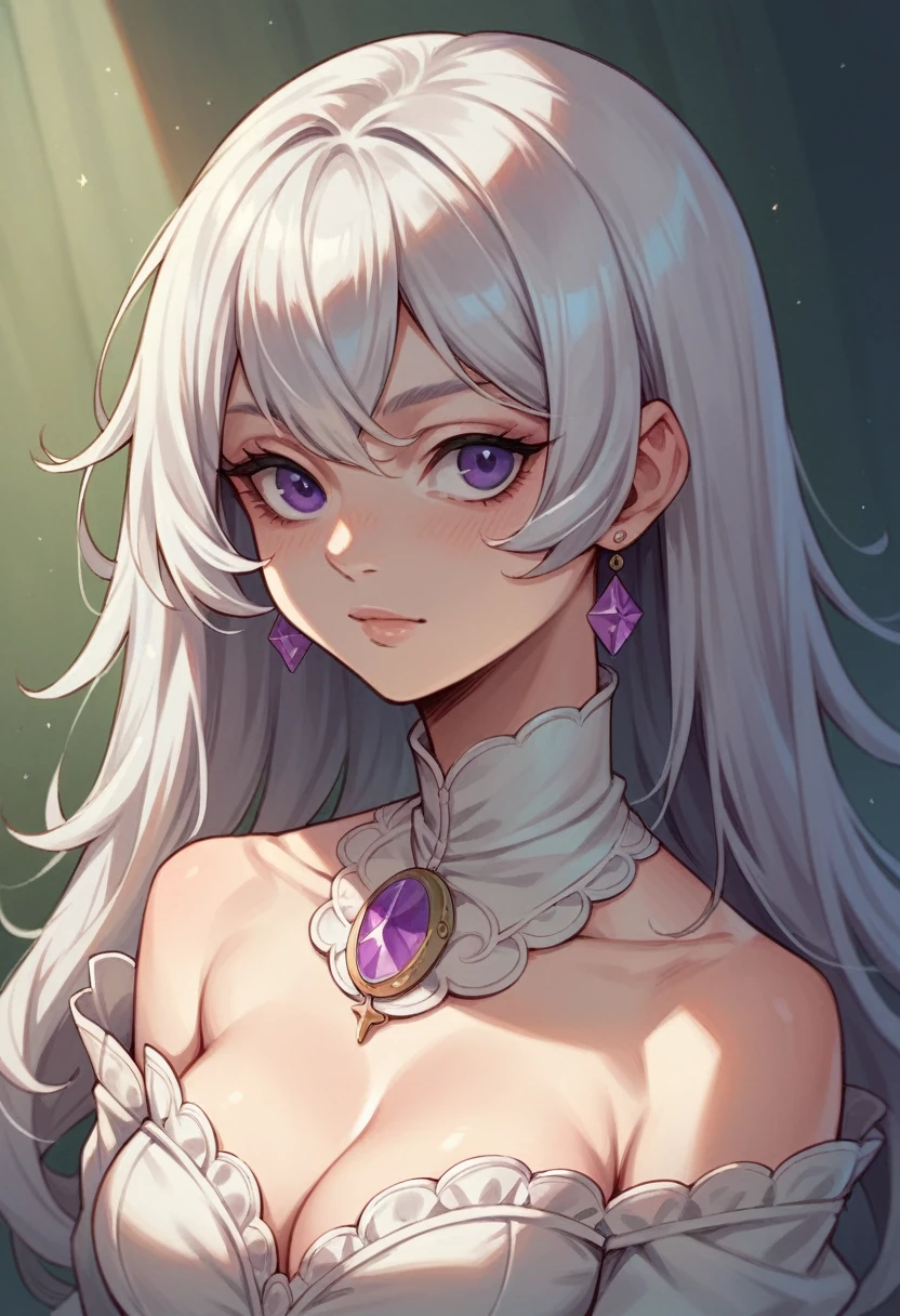 Masterpiece, Best Quality, 1 girl, elaina_(can_no_gossip), silver hair, purple eyes, wide,