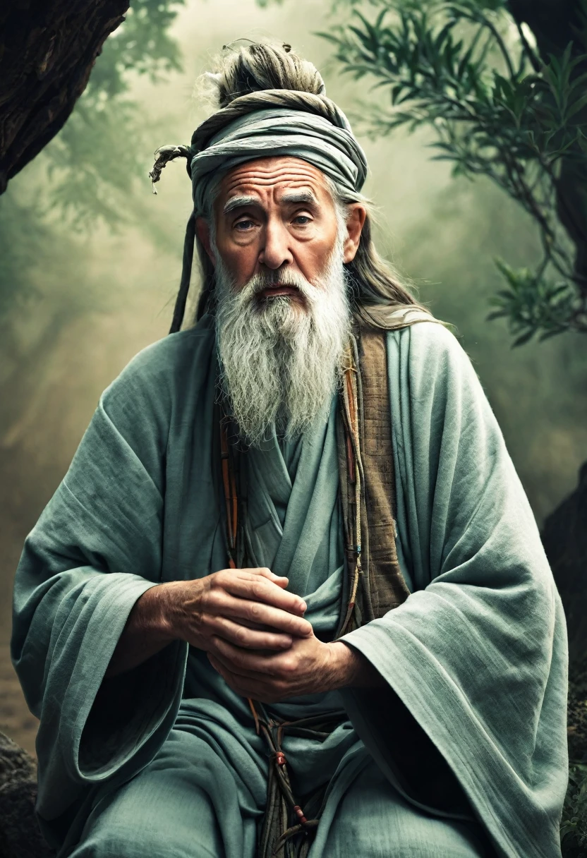 Create an image of a worried ancient sage