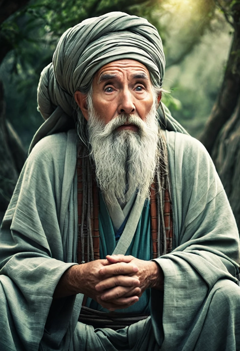 Create an image of a worried ancient sage
