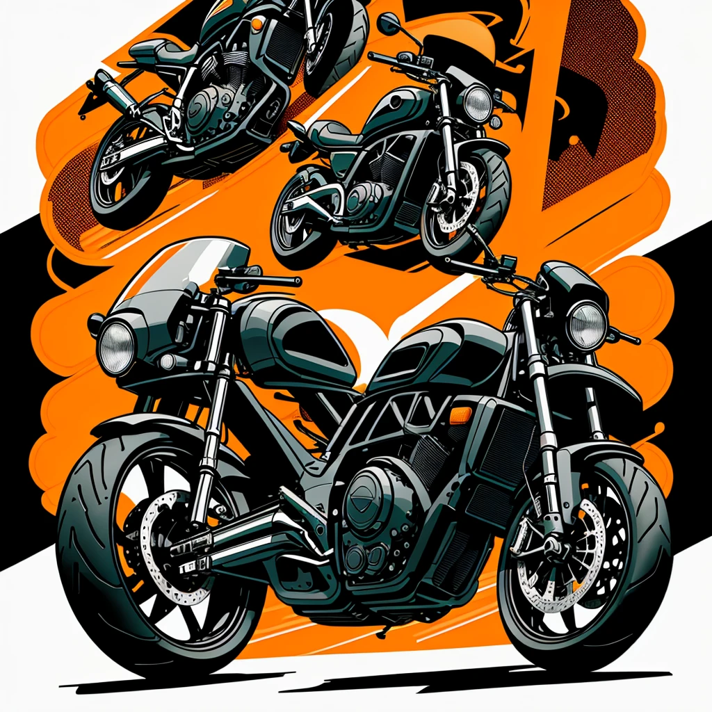 graphic design t-shirt, flat design, motorbike, two miami, colorful tones, clean highly detailed, vector image, photorealistic masterpiece, professional photograpy, realistic car, Simple sunrise background for car, flat black backdrop, isometric , bright vector ((black backdrop))