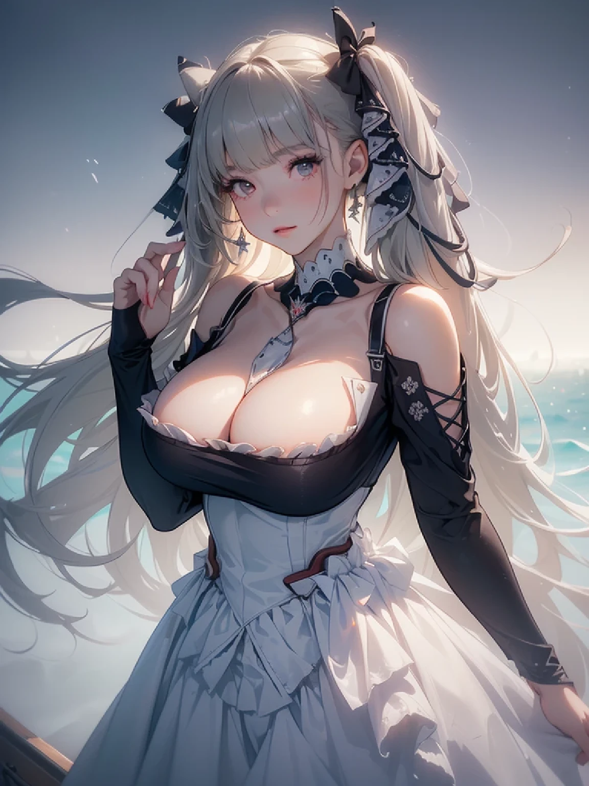 ((dress_default, terrific_default)):1.5,((solo, 1girl)) ((masterpiece,Highest quality,Highly detailed images,Beautiful images、Realistic、Dutch Angle)), (Bright lighting overall、Backlight、A fantastic atmosphere、Thick Fog、Dust flutters),(Dynamic pose、Beautiful cleavage、large breasts)1.2, ((Ocean、On the boat:1.2))
