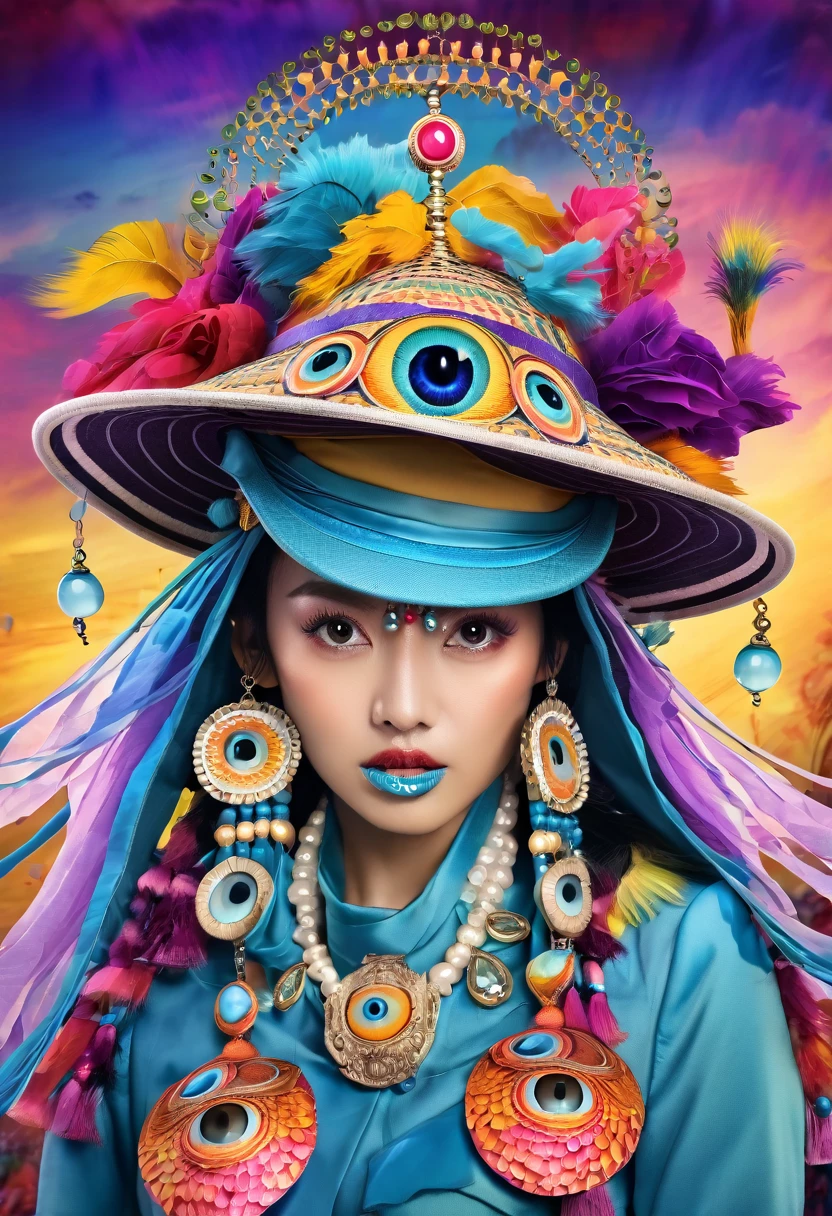 a high quality digital art of "The Hats Have Eyes", with different immersive, unambiguously biological elements, inspired by Yingtao folklore, surreal, detailed, vibrant colors, fantasy art, unique concept, intricate details, mystical atmosphere, medium format, trending on DeviantArt