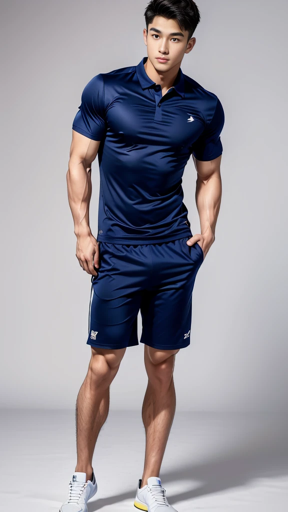1 handsome Japanese guy，A 27-year-old man wearing a blue shirt and shorts stands against a white background, navy blue, navy blue, Sports T-shirt, blue, Sportswear, Magnificent dark blue clothes, Sportswear, short sleeves, Jinjinshen blue clothes, short young man, Tennis wear, Wearing a track suit, dark blue decorative clothing，Masculine，handsome，High，Muscles look good，hairy body，Wheat complexion，black eyes（thin eyes 1：3），Full body image