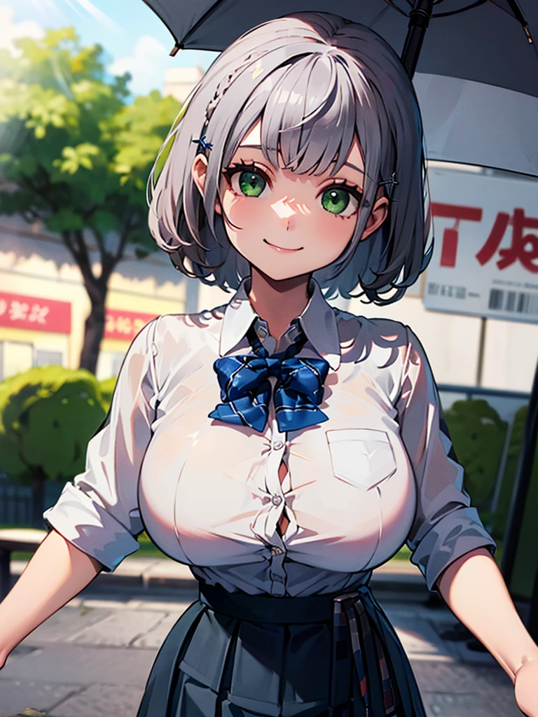 ((masterpiece, Highest quality, Super detailed)),8K,One girl,((super fine illustration)),((cute eyes,highly detailed skin)),((well endowed,Blessed,Captivating body、Detailed Background))、(Use an umbrella、heavy rain、see-through,Funoel, short hair, X Hair Ornament, Green Eyes, Blue bow tie, White shirt, Collared shirt, Black Skirt, Checked skirt, Pleated skirt, mini skirt,smile )