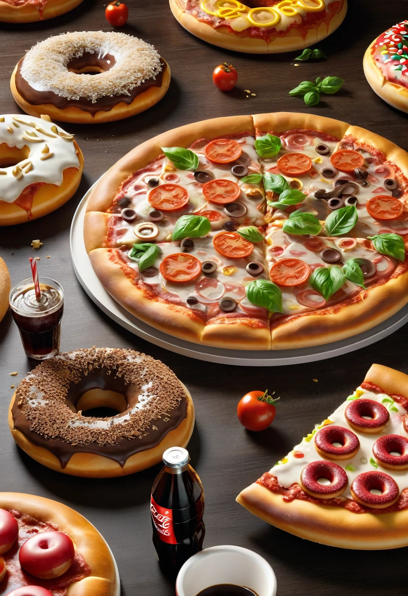 best quality, super fine, 16k, RAW photo, photorealistic, 2.5D, delicate and dynamic depiction, big pizza, donuts, coca cola, ultra realistic food, delicious looking lighting effects