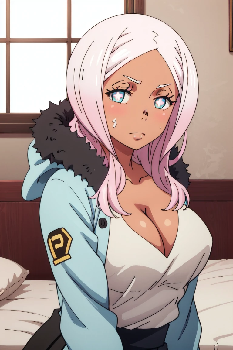 mature female, mature, adult, eft_FireForce_Hibana, 1girl, solo, dark skin, dark-skinned female, breasts, symbol-shaped pupils, cleavage, fur trim, long hair, white hair, blue eyes, parody, coat, pink hair, looking at viewer, upper body, big breasts, room, bed,