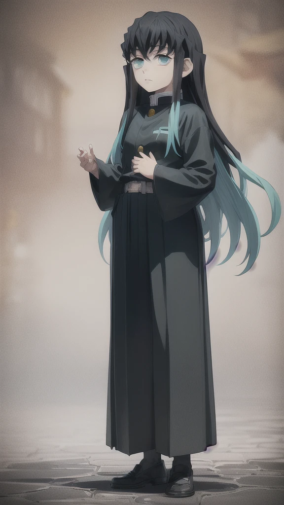 masterpiece, best quality, 1boy, muichiro,long hair, black hair, aqua hair, bangs, multicolored hair, sidelocks, long sleeves, aqua eyes, demon slayer uniform, pants, standing, looking at viewer, ((hands up, arms at shoulder level)), full body