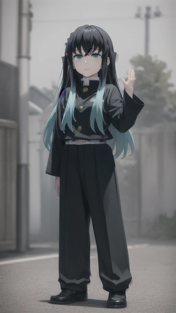 masterpiece, best quality, 1boy, muichiro,long hair, black hair, aqua hair, bangs,  multicolored hair, sidelocks, long sleeves, aqua eyes, demon slayer uniform, pants, standing, looking at viewer, ((hands up, arms at shoulder level)), full body