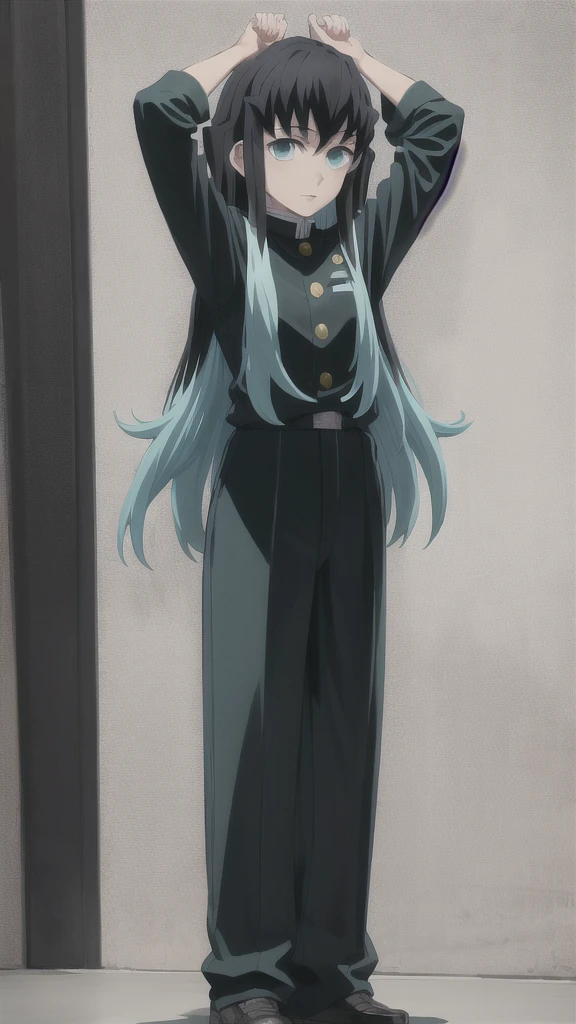 masterpiece, best quality, 1boy, muichiro,long hair, black hair, aqua hair, bangs,  multicolored hair, sidelocks, long sleeves, aqua eyes, demon slayer uniform, pants, standing, looking at viewer, ((hands up, arms at shoulder level)), full body