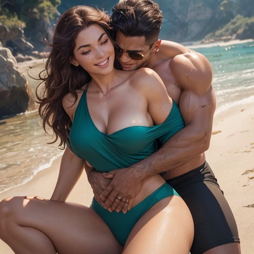 ONE tall muscular SHIRTLESS man (man: with short natural hair) with TWO beautiful women of different natural hair colors And different races snuggling, two women: looking at the man and hugging him and feeling his muscles in his arms and legs and chest and competing for his love, absolute joy and laughter and flirtatious mood, one woman is in front of the man and the other woman is behind the man, if there is one woman then there MUST be a SECOND woman, there must be one man and two women, women: Athletic fit bodybuilding muscular 30 year old fitness athlete woman, amazingly long wavy voluminous flowing hair down her back to her thighs beautiful like a waterfall, big beautiful green eyes, MANY freckles on face and body, muscle tone, wet and glistening from sweat, wearing low-rise oversized sweatpants-shorts, ((( IMPORTANT: and a huge loose baggy oversized low-cut comfy big sweatshirt with ONE wide-neck-hole that goes all around off-shoulder and cleavage in one big swoop 1.3))), very tall socks and cute sneakers, very stylish sunglasses, wearing headphones, flowers in hair, muscle definition in shoulders and belly and legs, gorgeous neck and shoulders, curvy, juicy wide hips, thick thighs, nice big muscular ass, mature gorgeous incredible pretty face, grinning, laughing, many tattoos on her body, doing yoga on a private beach in the morning, yoga mat, Instagram model, (((small breasts 1.3))), (((and bokeh and incredible colors and professional photographer with a sense of the dynamic and having depth 1.3 ))) k, SFW, abs,photorealistic,super long hair, incredible outfit that makes sense practically and beautifully for an autumn morning when it's sunny but a little windy, , headband, all clothes are one color,