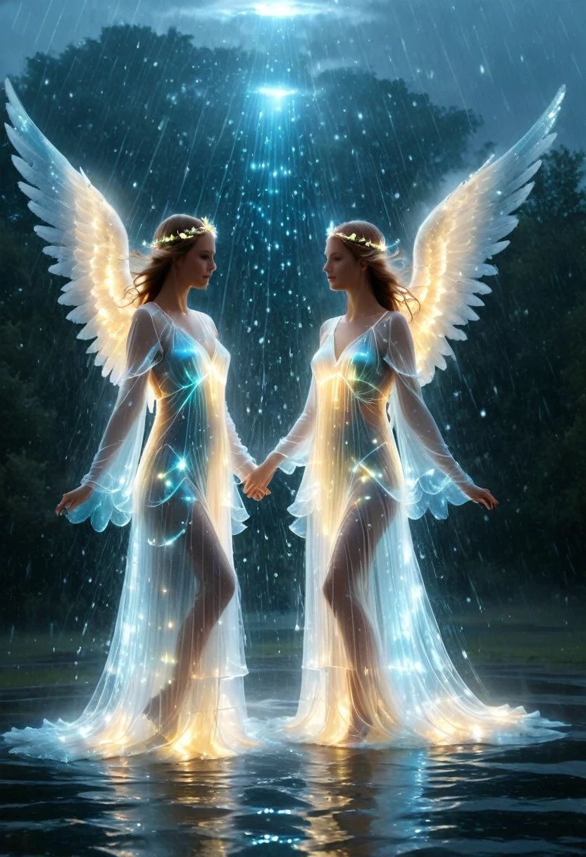 Deux sublimes anges translucides qui dansent joyeusement sous la pluie, ailes déployés sous la pluie, sans protection, corps translucide fait d’eau de pluie qui coule sur elle  , Jour de pluie,  bioluminescent water dress, translucent angel