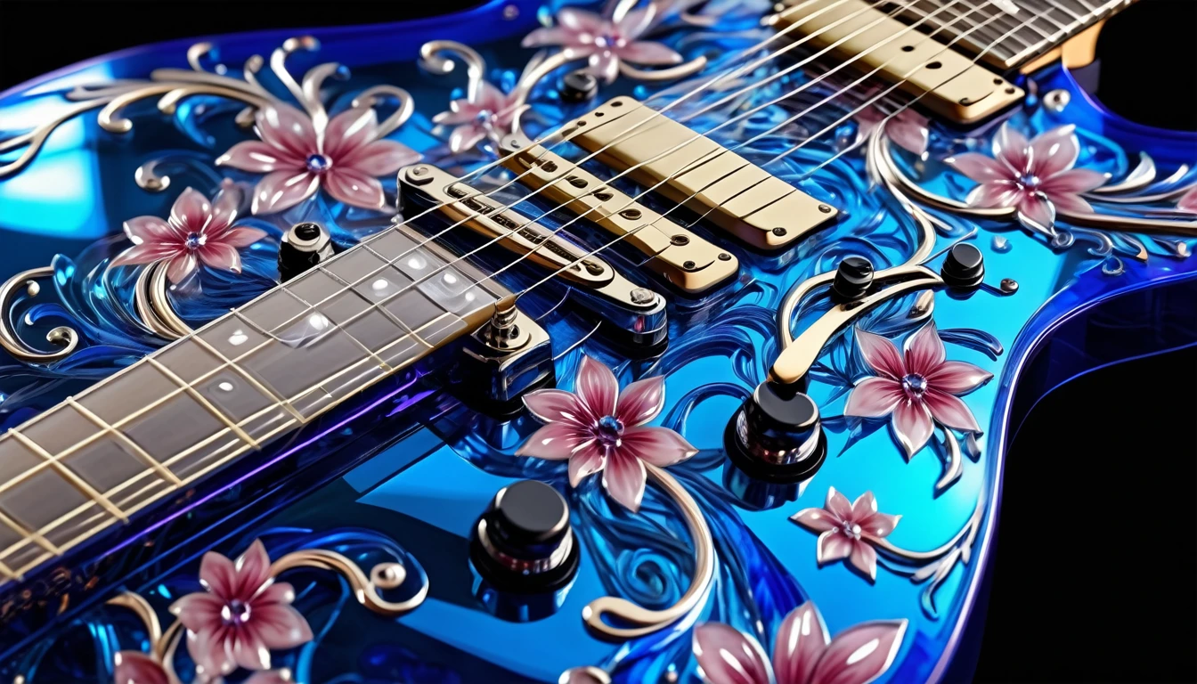 Shiny burst shred intricate detail sleek transparent sapphire guitar closeup, Wrapped in vibrant translucent floral swirls, chromium, 8K, Specular Highlights,
