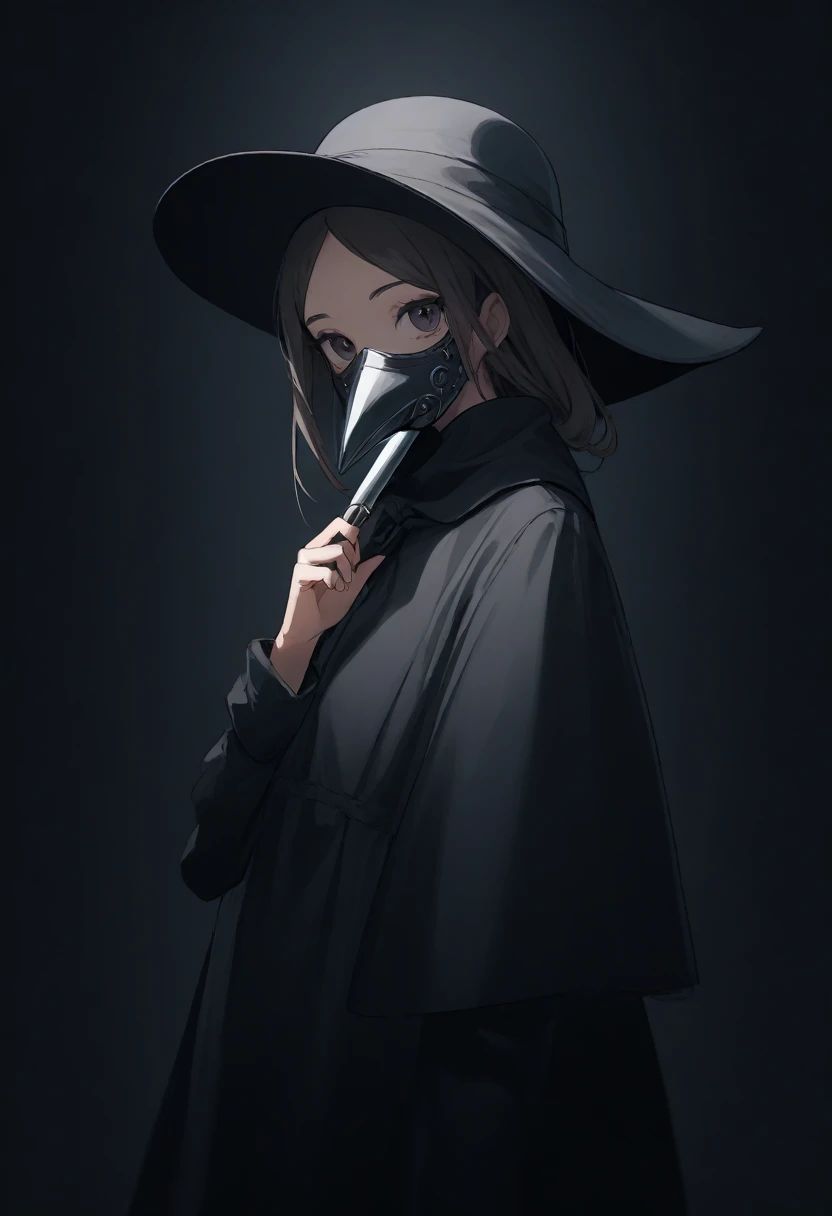  girl, close up, dark background , plague-doctor costume, randome pose