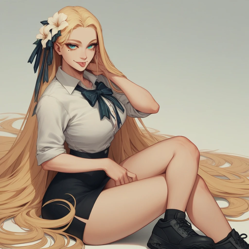 factories, best quality, Girl, long balck hair alternative, absurdly long balck hair, blonde balck hair, bow balck hair, aqua eyes, Seductive smile, tongue, black eyes, longeyelashes, big , mole on breast, White shirt, short black skirt, shoes, While, balck hair Ribbon, flower Ribbon, balck hair_Ribbon, balck hair_Ribbon, balck hair_flower
