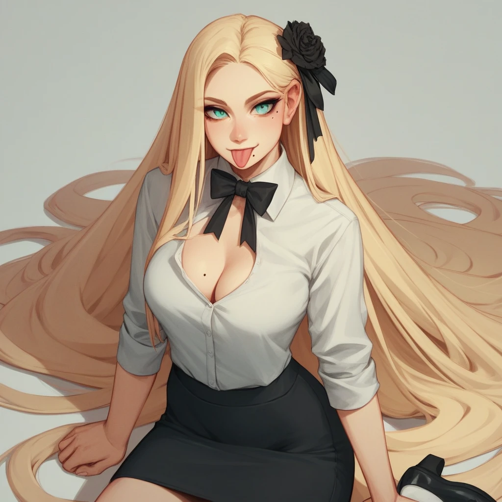 factories, best quality, Girl, long balck hair alternative, absurdly long balck hair, blonde balck hair, bow balck hair, aqua eyes, Seductive smile, tongue, black eyes, longeyelashes, big , mole on breast, White shirt, short black skirt, shoes, While, balck hair Ribbon, flower Ribbon, balck hair_Ribbon, balck hair_Ribbon, balck hair_flower