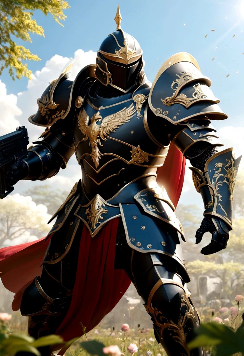 Highest quality、Battle Scenean in Armor、Black Armor、gun、vertical、fight