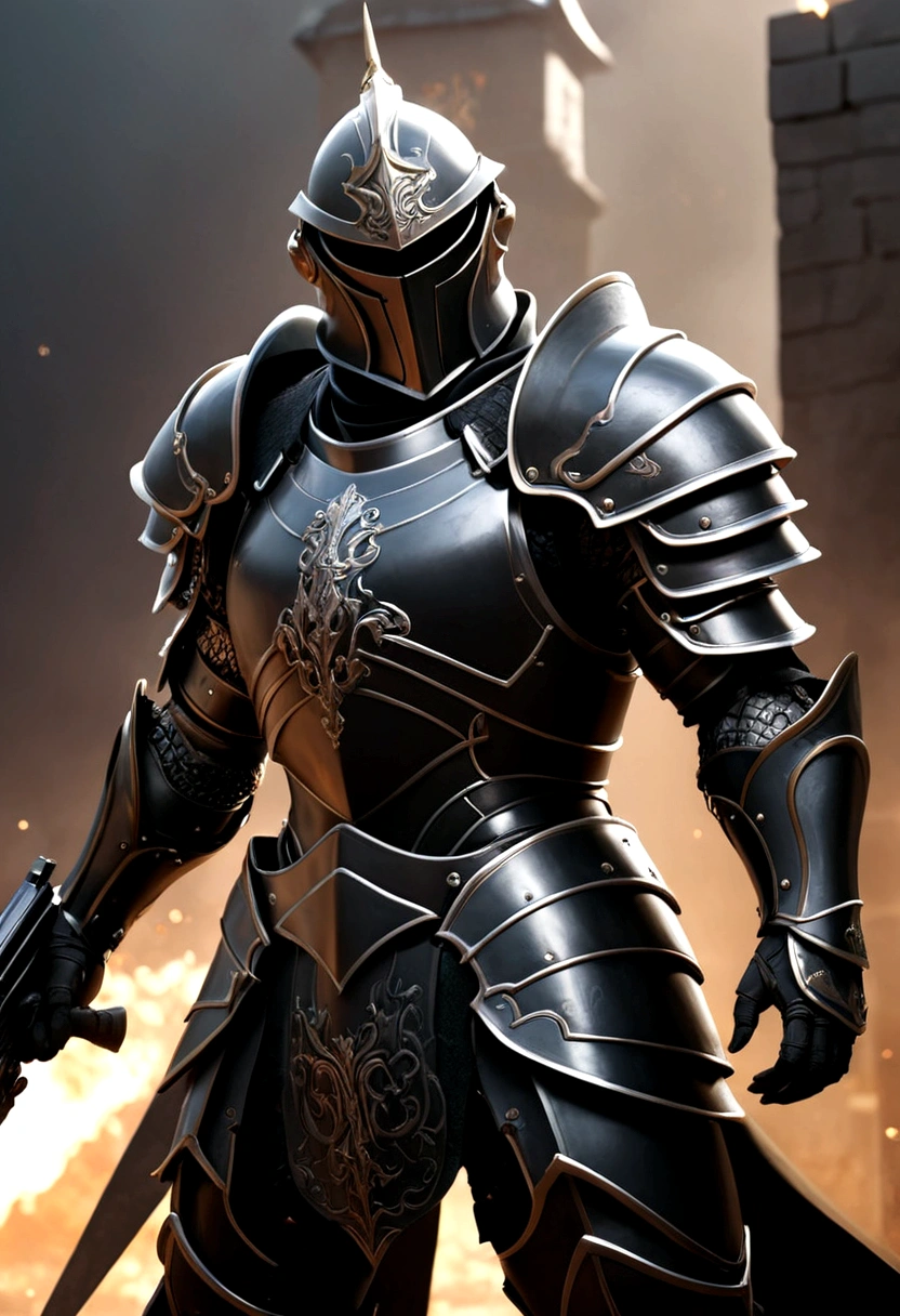 Highest quality、Battle Scenean in Armor、Black Armor、gun、vertical、fight