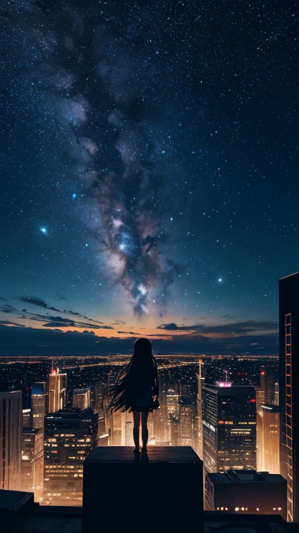 Octane, null, star (null), scenery, starry null, night, One girl, night null, alone, Outdoor, building, cloud, milky way, Sitting, wood, Long Hair, city, silhouette, cityscape