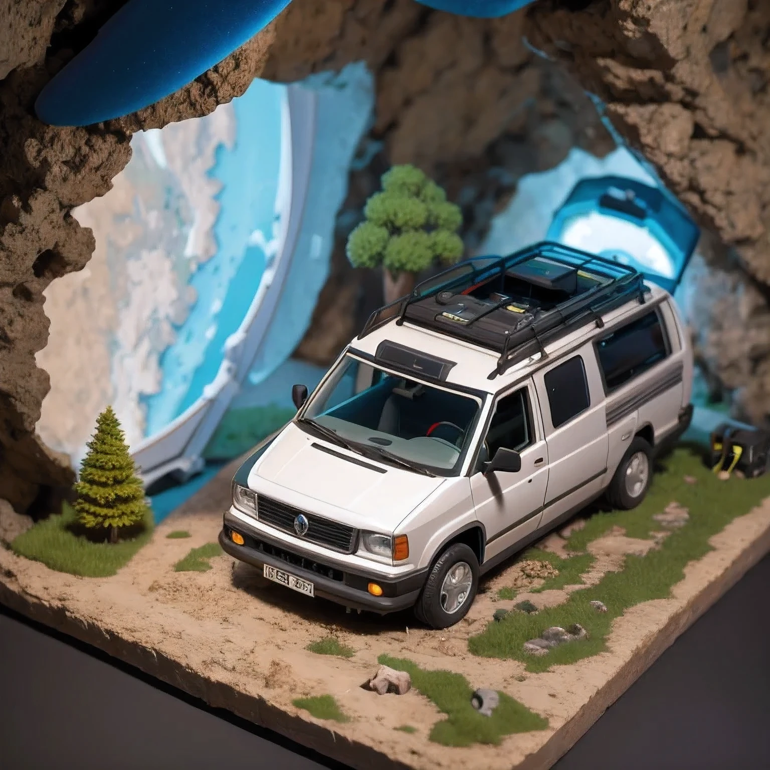 there is a small model of a camper van in a cave, stylized 3d render, 3d illustration, 3 d illustration, highly detailed diorama, 3 d low poly render, 3d low poly render, low poly 3 d, highly detailed sculpey diorama, lowpoly, low poly render, diorama model, low poly 3 d render, diorama