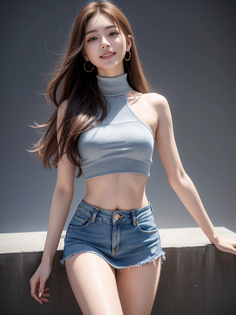 8K, masutepiece, Raw foto, Best Quality, More bold exposure 、Photorealistic, Wallpapers with extreme details CG Unity 8K, depth of fields, Cinematic Light, lensflare, Ray traching, (Extremely beautiful face, Beautiful lips, beautidful eyes), intricate detail face, ((Ultra Detail Skin)) 1girl in, (Korean model Kim Daun, Dhoni), (Korean model Kim Daun, Dhoni), (Korean model Kim Daun, Dhoni), (Korean model Kim Daun, Dhoni), (Korean model Kim Daun, Dhoni),1 girl, (very thin muscular body:1.3), ((look up at viewer)),(huge smile:1.3), (blured background), A glimmer of light), (No people in the background.:1.3), Beautiful earrings, Clear eyes, Front shot, (pale-skinned), (Big eyes), (Big eyes) (Big eyes), (Big eyes), (Big eyes), Facing forward, (Full body shot), (ligh brown hair), Open the navel............, (look up at viewer:1.3), Very slim, a slender waist, small hips, , a slender waist, small hips, a slender waist, small hips, a slender waist, small hips, ((wide open abdomen))、((open abdomen))、((wide open navel))、((open navel))、((Bare belly))、((Mid-Riff Sweater))、((Ultra-low rise、Denim Mini Skirt))、 ((Navel Ejection))、((small hips))、((Full body depiction))、((small hip))、(boots)、((Ultra-low rise))、((Denim Mini Skirt))、((is standing))、)