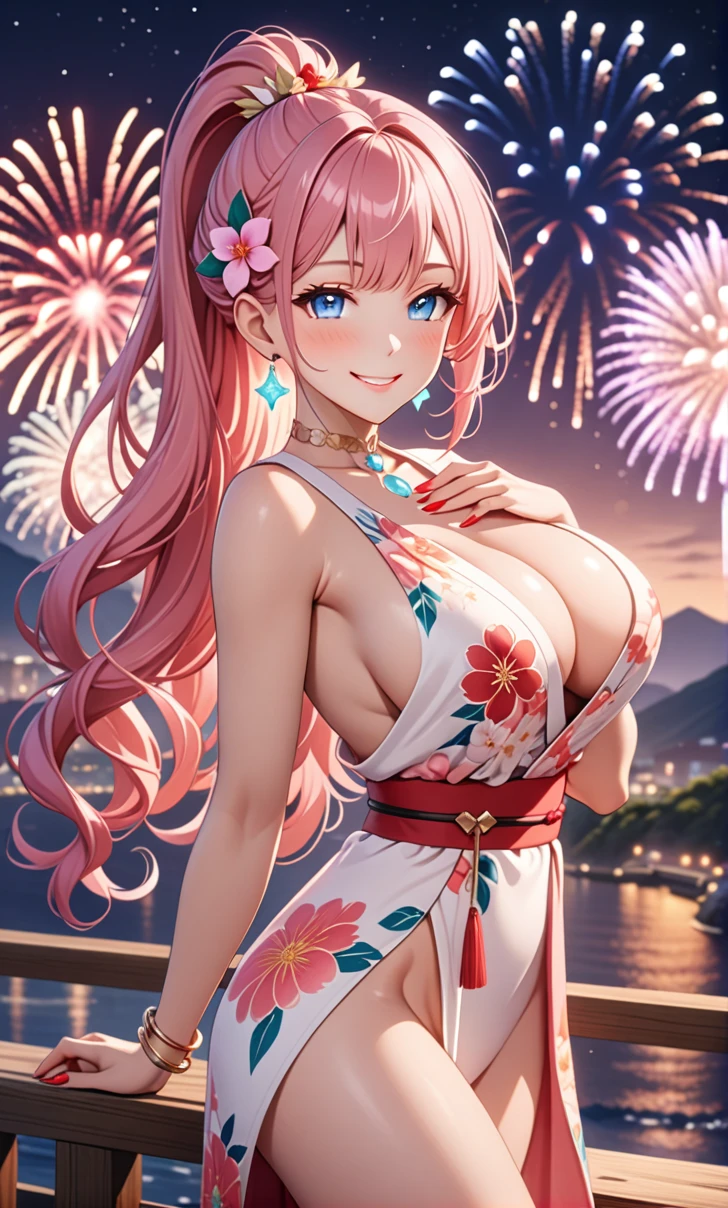 ultra-detailed, ((one girl)), in pastel colors girl,  hyper detailed, absurdres, 8K, Beautiful Face, (Laugh shyly), ((teasing smile:1.8)), ((Wink:1.8)), (Laugh with your mouth wide open),(Tilt your head:1.3),(Put your hand over your mouth:1.8), View your viewers, ((Bright red cheeks:1.6)),Glossy Red Lips, ((Big Breasts:1.5)), (valley),night, You can see the sea horizon,On Bridge, firework, (Brighten your face), ((Anime style background)),masterpiece, Highest quality, so beautiful,Latest, Complex details, (Pink long nails), (nail art), (ring),(bracelet), (Floral Choker),AI-generated, Complex,High resolution, Highest quality, super high quality,3D Images、3D Images,One person,Pastel pink long hair,(High Ponytail), (wavy hair:1.3), Pastel anime woman posing for a photo, ((Fine grain、blue eyes、glowing eyes:1.4)), (Squint your eyes:1.1),a hyperRealistic , hyperRealistic , Realistic,Anime woman with long pastel pink hair, Smooth anime CG art, A girl in a gorgeous pastel-colored kimono, ((Pastel-colored furisode)),(Pink large floral pattern) ,Long flower hair ornament,Floral Earrings,Mature Body, tall,Abdominal muscles,Narrow waist, ((arched back:1.9)), (front view),