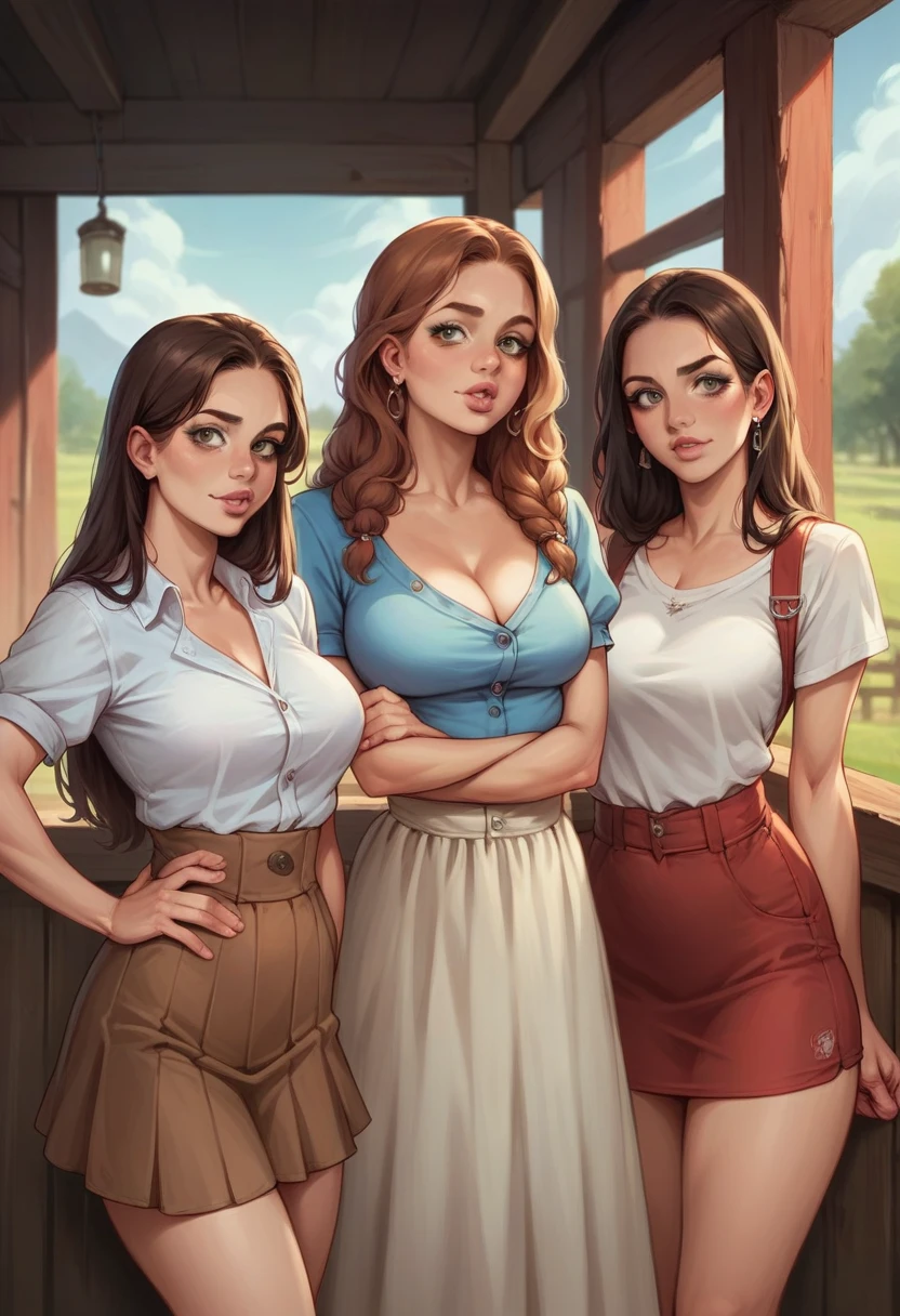 3girls, realistic photograph of three young rustic village belle dressed in an ((unhooked blouse and Indian skirt)) standing inside a farm in rural India, fair skin, curvy and toned body, cute face, full lips, seductive, studio teanage girl