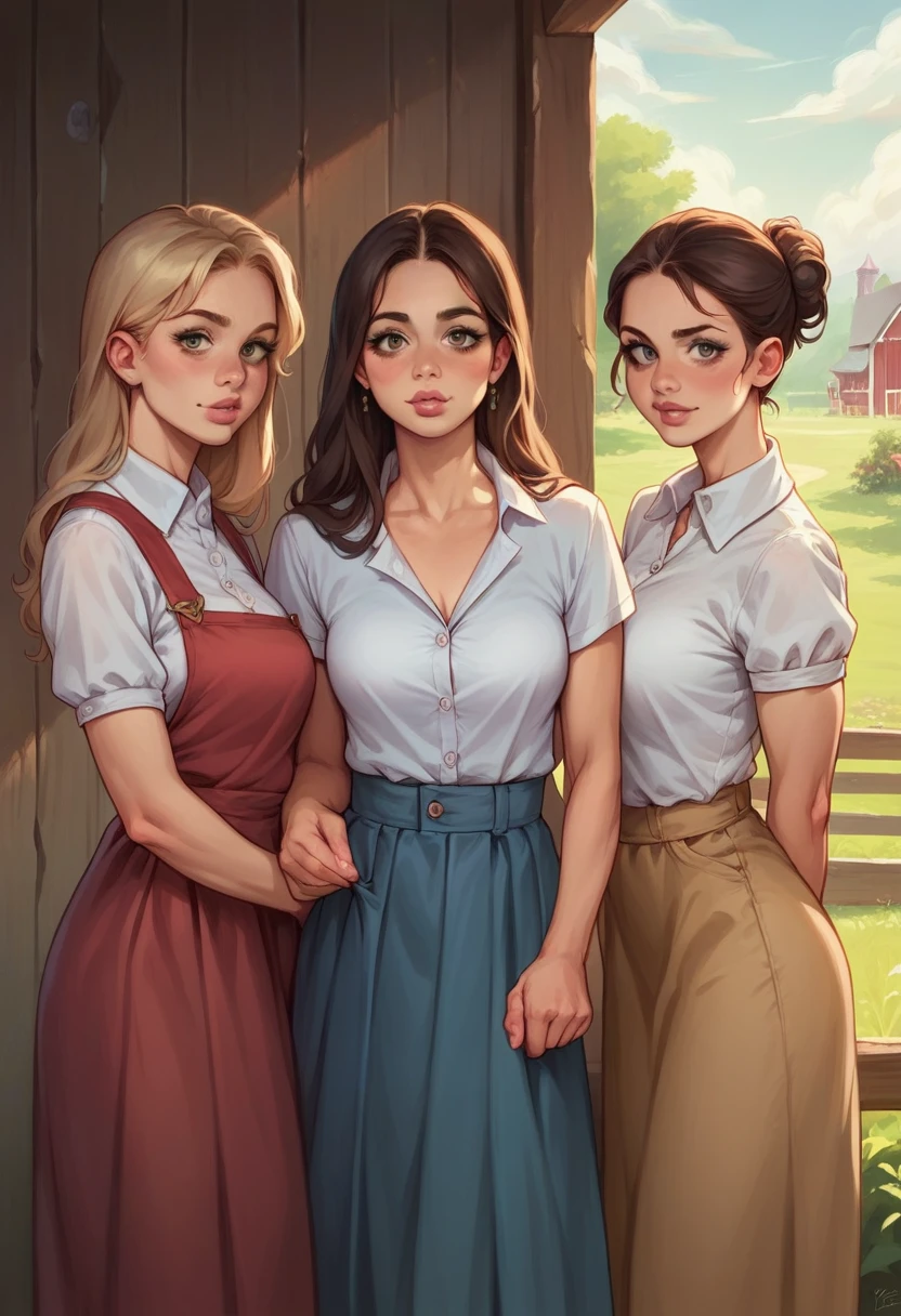 3girls, realistic photograph of three young rustic village belle dressed in an ((unhooked blouse and Indian skirt)) standing inside a farm in rural India, fair skin, curvy and toned body,  cute face, full lips, seductive, studio teanage girl