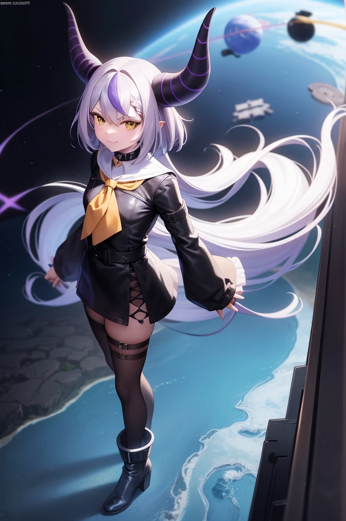 sleeves past wrists, sleeves past fingers, braid, Long sleeves, single leg pantyhose, yellow ascot, ascot, Black footwear, Dress, Metal collar, long boots, Black Dress, Collar, pantyhose, single thighhigh,Evil smile,sitting on the ground and looking at the planet, Cyberspace, inspired by Josan Gonzalez, Makoto Shinkai ( Apex Legends ), Akira Art Style, Ross Tran Stil, Akira-Vibes, Akira Art Style, floating next to planets, josan gonzales, Sci-Fi Art!!!!!!!, josan gonzales!!!, in space, Moderner Sci-Fi-Anime