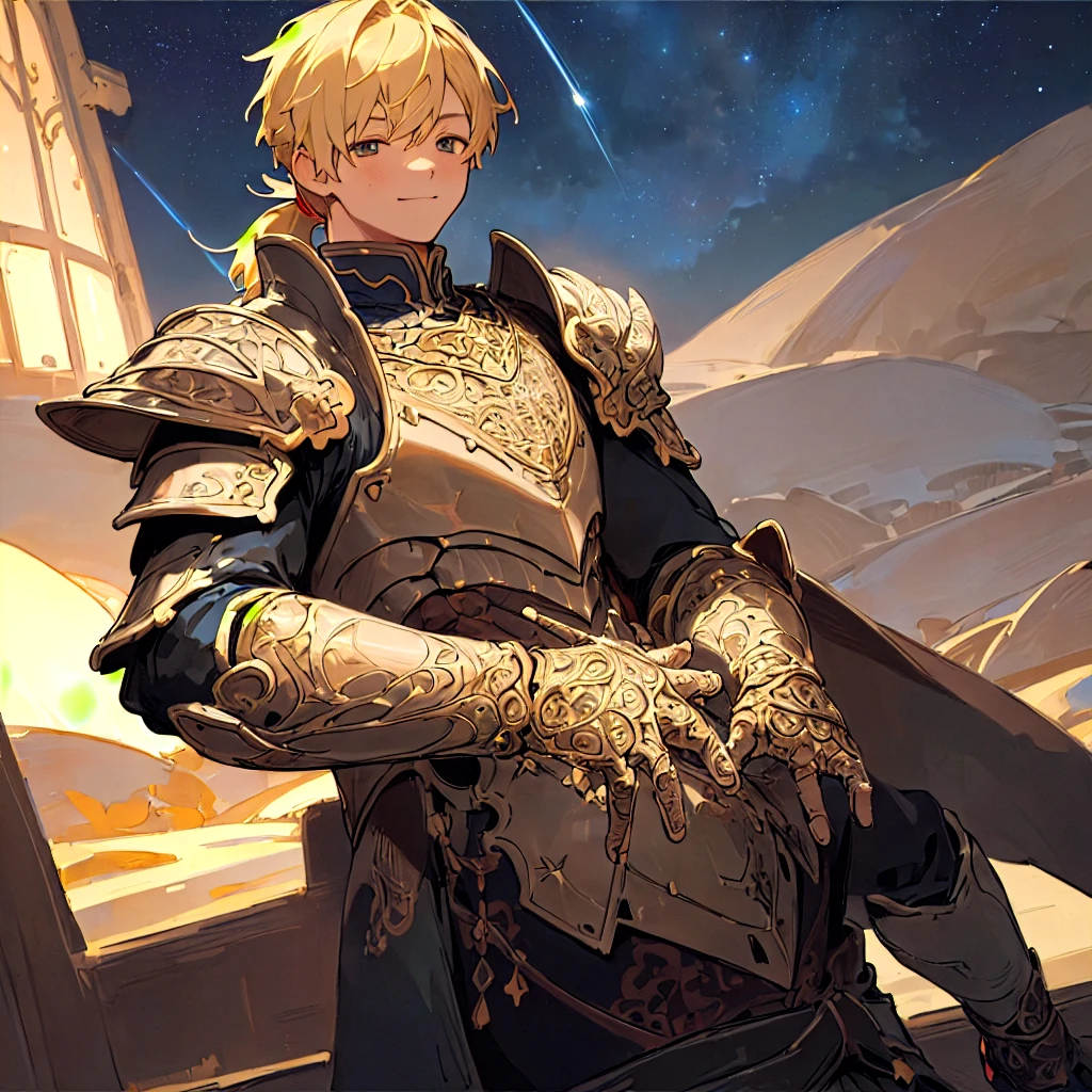 ((masterpiece,Highest quality,Highest quality,figure,Intricate details)),One boy,smile, armor,Blonde,ponytail,
night,Starry Sky, Depth of written boundary, Outdoor,