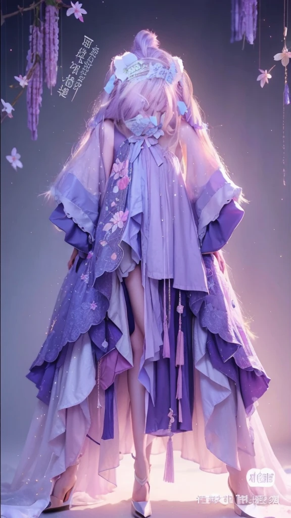A woman wearing the clothes as described in the image and have the following features
Skintone : beige 2 . hair length: a little down from the shoulder. Hair color: purple and lilal. Clothes should be same as shown in picture. Eyes : korean anime beautiful eyes. Eyes Color:lilac . Korean lips. Lips color : light pink . Heels : lilac butterfly high heels. Beautiful hands and feet . Pink blushe cheeks . Beautiful korean anime nose . Light eyebrows. Eyebrows color: light brown . Long black beautiful eyelashes. Ears should be hidden because of the hair. Beautiful lilac nails long but not too much. Background : beautiful light green yellow and orange forest pastel colors