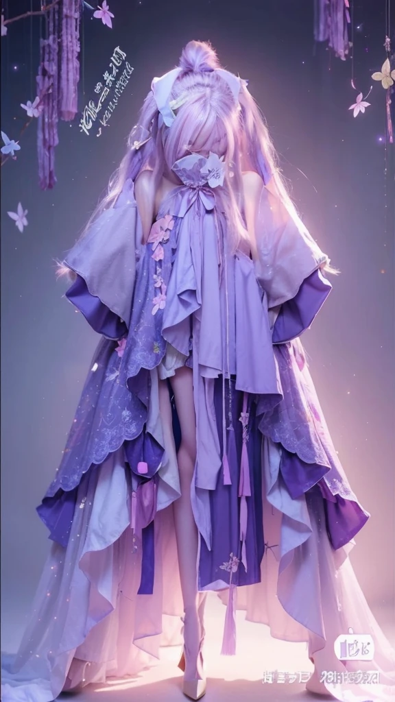 A woman wearing the clothes as described in the image and have the following features
Skintone : beige 2 . hair length: a little down from the shoulder. Hair color: purple and lilal. Clothes should be same as shown in picture. Eyes : korean anime beautiful eyes. Eyes Color:lilac . Korean lips. Lips color : light pink . Heels : lilac butterfly high heels. Beautiful hands and feet . Pink blushe cheeks . Beautiful korean anime nose . Light eyebrows. Eyebrows color: light brown . Long black beautiful eyelashes. Ears should be hidden because of the hair. Beautiful lilac nails long but not too much. Background : beautiful light green yellow and orange forest pastel colors