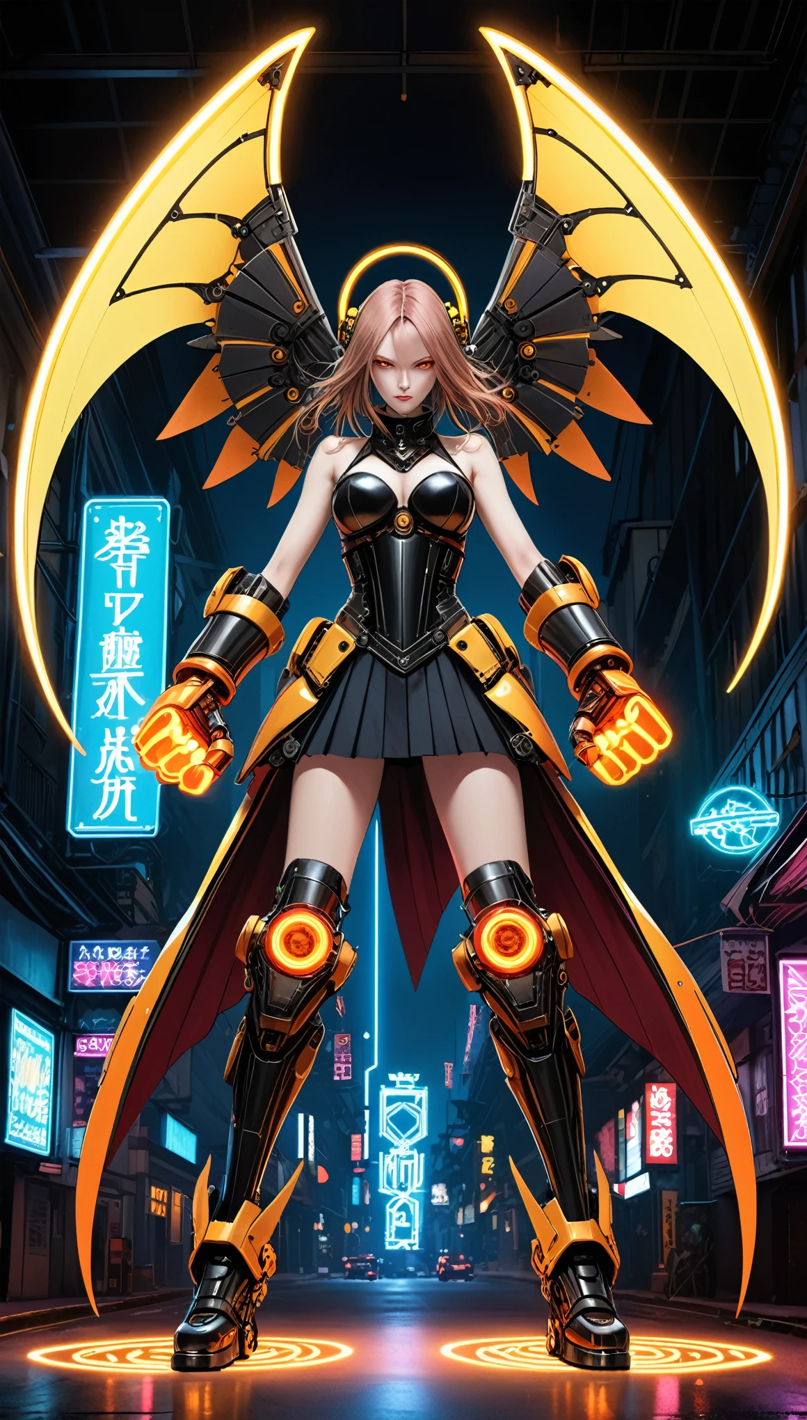 in style of Santiago Caruso,in style of David Sims,
exaggerated and gigantic modified mechanical wings,mechanical_halo,1 girl,mechanical wrist,mechanical skirt with pleated skirt,(huge makeover mechanical fists:1.5),(mechanical knee joints:1.2),(the fist glowing neon light:1.3),(hitting:1.3)