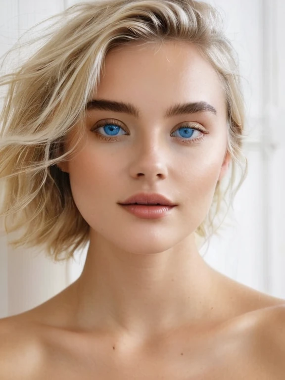 Une superbe jeune beauté allemande, aux yeux bleus perçants, petits seins et longs cheveux blonds avec un carré ondulé flottants, la lumière naturelle met en valeur les traits du visage, les ombres douces sur les contours du visage, le contraste vibrant entre les tons chair chauds et les teintes froides de l'arrière-plan, la composition ultra légère, le nombre d'or, L'éclairage dramatique