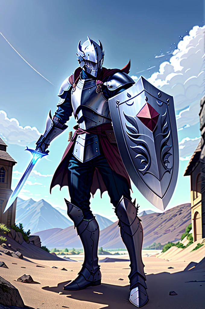 a man in armor holding a sword and a shield, powerful boots, pale black armor, evil knight, in monster hunter armor, with Robert Pattinson's face, similar to Marvel's Black Knight, very strong, Marvel Hero style, 8K, best qualityer, appearing full body in the image, running on the road.