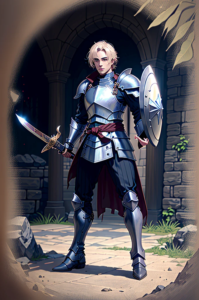 a man in armor holding a sword and a shield, powerful boots, pale black armor, evil knight, in monster hunter armor, with Robert Pattinson's face, similar to Marvel's Black Knight, very strong, Marvel Hero style, 8K, best qualityer, appearing full body in the image, running on the road.
