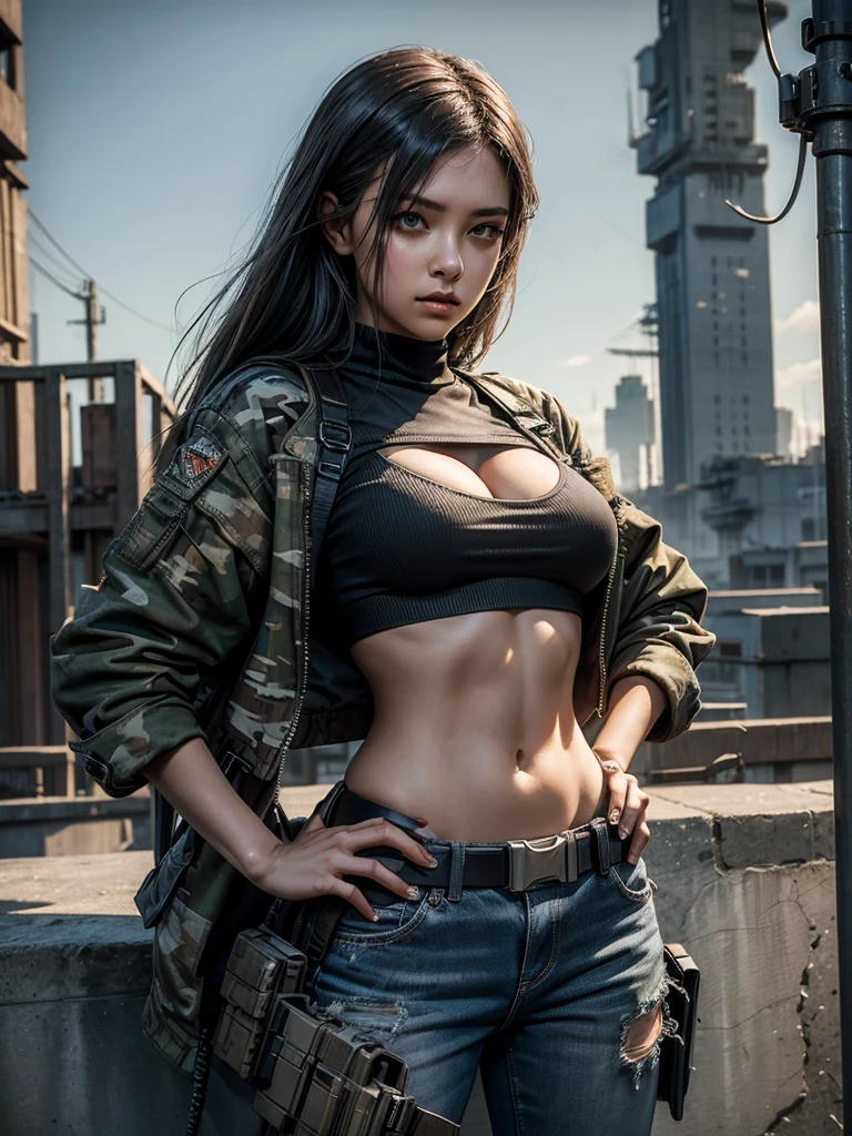 A young woman stands defiantly against a gritty urban landscape, her hand resting confidently on her hip as she gazes directly into the lens. Her bold camouflage attire, showcasing toned midriff and cleavage through strategically placed cutouts, is paired with a utility belt and gun holster, conveying a sense of readiness. The weathered concrete wall behind her is punctuated by steel beams and the distant hum of machinery, setting the industrial tone of the cityscape.