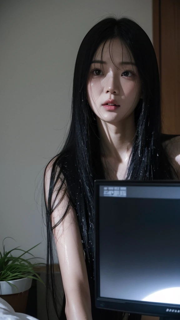 Sadako, soak, wet, gray skin, There is hair covering the face., sexy for, ((naked body)), Sadako crawled out of the TV,woman sleeping in front of tv, Japanese horror movies, Hajime Isayama's style, Japanese horror movies movie footage, Junji 4K this, Japanese pop surrealism,