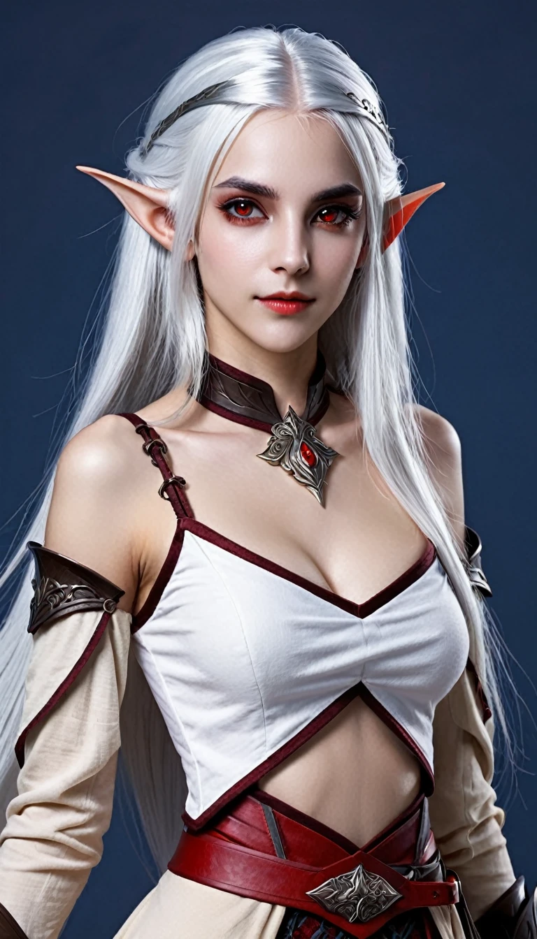 1girl, cute and young, beautiful girl, (grey skin), dark elf skin, grey skin color, dark elf girl, white hair, perfect body, skinny, red eyes, nice chest, nice , white and beige medieval fantasy clothing, blue background, RPG, fantasy 