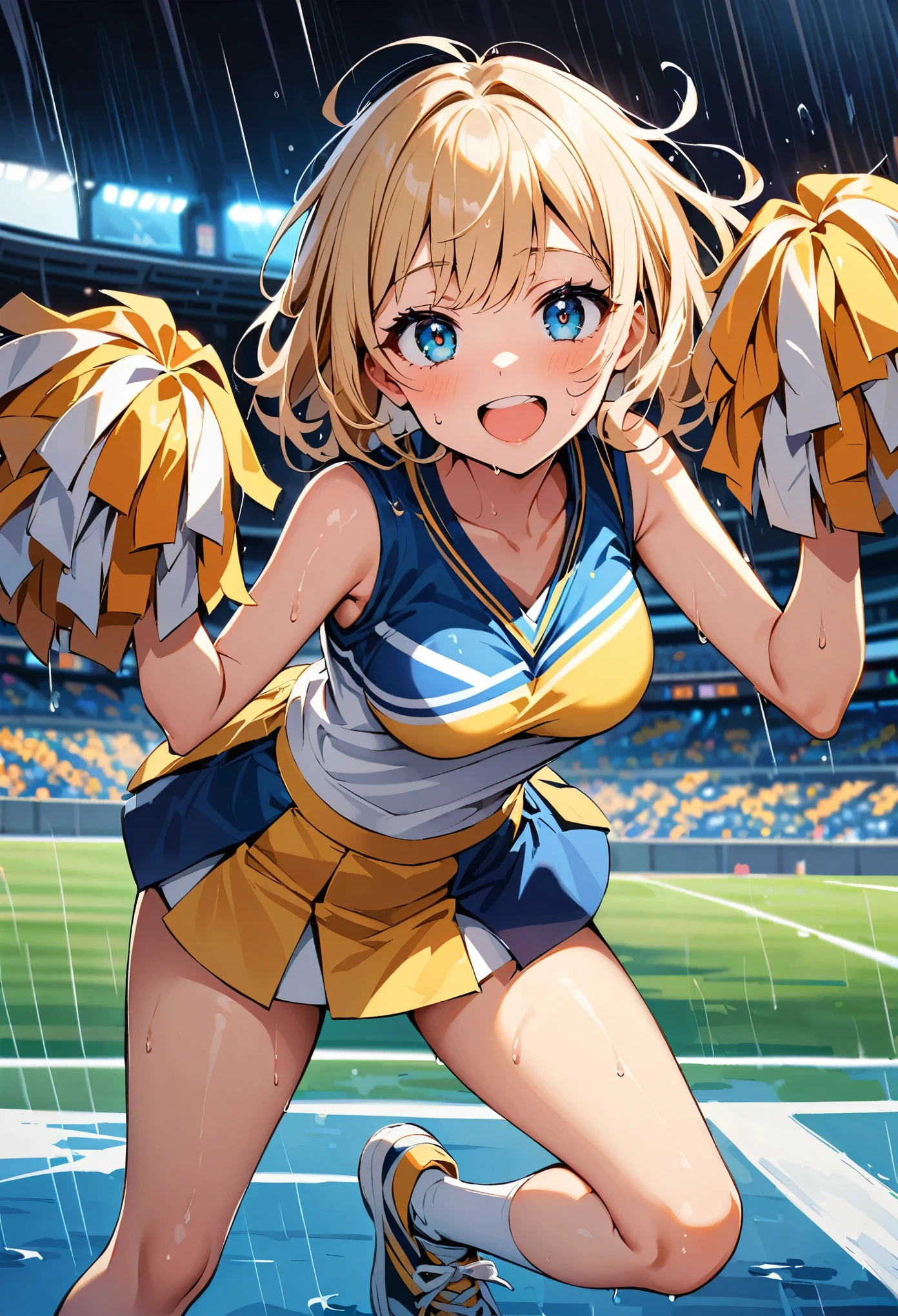 (in the rain:1.4)ダンスをするCheerleader:1.1, ((1 female)), erotic, Dance Motion, Full body view, joy, Excited, Sweat, Cheerleader, Fine and beautiful eyes, Beautiful lip detail, Highly detailed eyes and face, Long eyelashes, Calm expression, Soft lighting, Open atmosphere, Stadium, Sweatを流して.