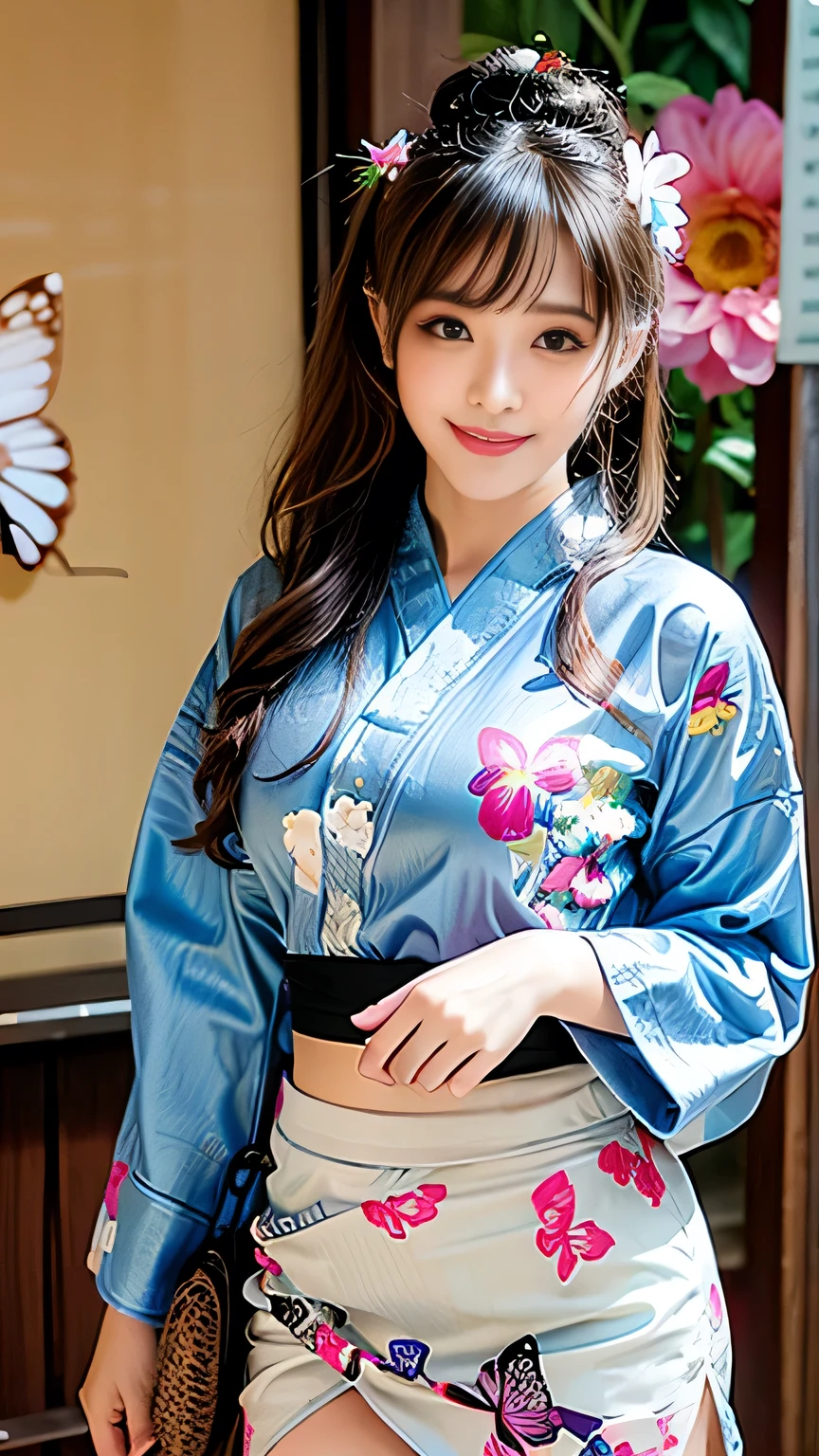 seed;88117315,((Full Body Angle))、Front hair:1.3))、((Highest quality, 8K, masterpiece: 1.3)), concentrated: 1.2, Cute girl 1,Nipples erect、 Perfect beauty: 1.4,Summer use 、((Flower and butterfly pattern short yukata mini skirt:1.2))、can: 1.2,Long sleeve、Randall Color、comics＆Text Graphics、Black ruffle-trimmed drawstring zip blouse,1.1, Highly detailed face and skin textures, Fine grain, double eyelid, whitening skin, ,Highest quality,Ultra-high resolution,you,1 girl,alone,_Shiny_skin,Iris,necklace,((brown_length_Wavy_hair)),(lips)),eyelash,Front hairアップ、deal with,compensate,Shiny,pore,skin,Large Breasts、((smiling face))、living、Bun Head、Standing and walking