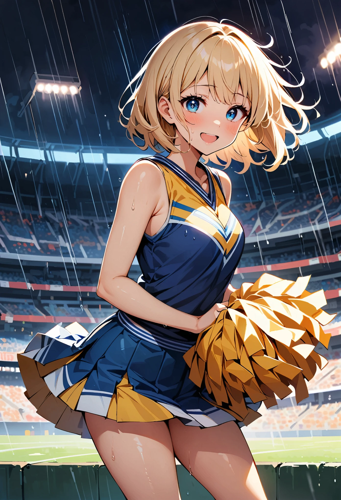 (in the rain:1.4)ダンスをするCheerleader:1.1, ((1 female)), erotic, Dance Motion, Full body view, joy, Excited, Sweat, Cheerleader, Fine and beautiful eyes, Beautiful lip detail, Highly detailed eyes and face, Long eyelashes, Calm expression, Soft lighting, Open atmosphere, Stadium, Sweatを流して.