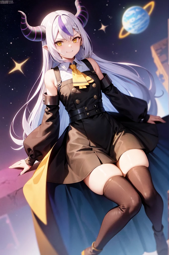sleeves past wrists, sleeves past fingers, braid, Long sleeves, single leg pantyhose, yellow ascot, ascot, Black footwear, Dress, Metal collar, long boots, Black Dress, Collar, pantyhose, single thighhigh,Evil smile,sitting on the ground and looking at the planet, Cyberspace, inspired by Josan Gonzalez, Makoto Shinkai ( Apex Legends ), Akira Art Style, Ross Tran Stil, Akira-Vibes, Akira Art Style, floating next to planets, josan gonzales, Sci-Fi Art!!!!!!!, josan gonzales!!!, in space, Moderner Sci-Fi-Anime