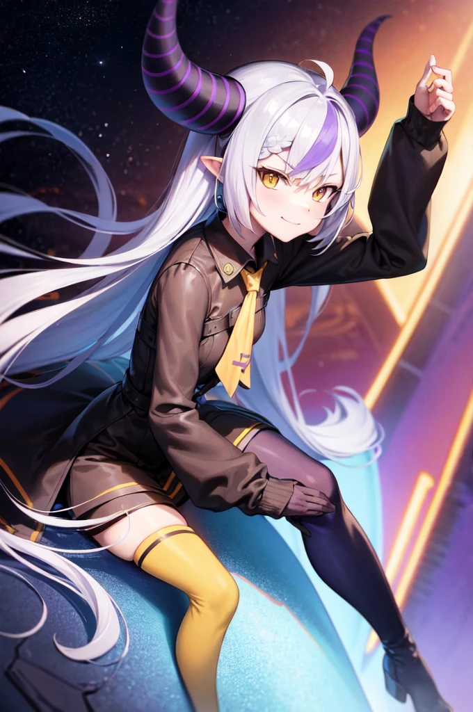 sleeves past wrists, sleeves past fingers, braid, Long sleeves, single leg pantyhose, yellow ascot, ascot, Black footwear, Dress, Metal collar, long boots, Black Dress, Collar, pantyhose, single thighhigh,Evil smile,sitting on the ground and looking at the planet, Cyberspace, inspired by Josan Gonzalez, Makoto Shinkai ( Apex Legends ), Akira Art Style, Ross Tran Stil, Akira-Vibes, Akira Art Style, floating next to planets, josan gonzales, Sci-Fi Art!!!!!!!, josan gonzales!!!, in space, Moderner Sci-Fi-Anime