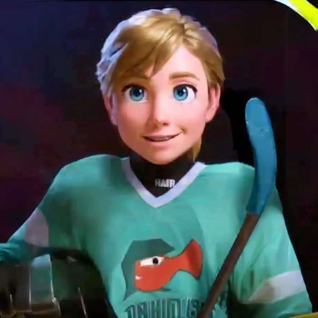 a close-up of a cartoon character holding a hockey stick, Riley character from Pixar's Funky 2, frozen klaus film, frozen ii klaus film, Elsa, anato finstark. pixar, Casey Cooke, animated film, sid, Dylan Kowalski, as a pixar character, Connor Hibbs, 🌻🎹🎼, animated film still, animated film, depicted as a pixar character, ideal pixar character, frozen